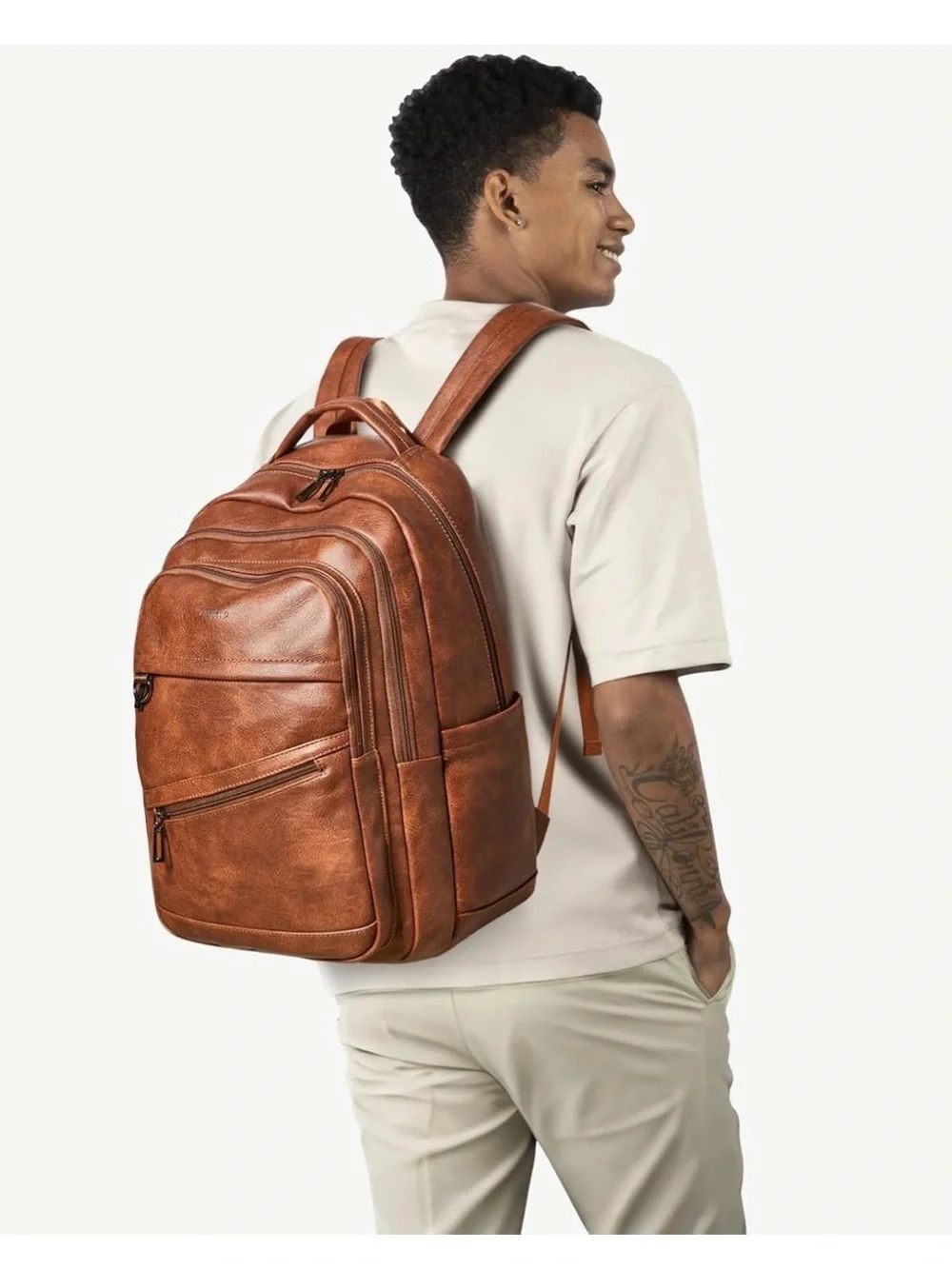 LATMAP Vegan Leather Laptop Backpack 16.5” Travel Carry On College Work Brown